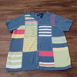 Crazy Horse Liz Claiborne Button Cardigan Short Sleeve Sweater Patchwork Sz 2X